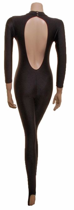 Body suit with extra large keyhole back in a lovely 4 way stretch black lycra in size 14uk High Stretch Elastane Unitard For Party, High-stretch Elastane Unitard For Party, Stretch Elastane Unitard For Night Out, Fitted Black Unitard With Thumbholes, Party Stretch Elastane Unitard, Elastane Party Unitard, High Stretch Unitard With Thumbholes For Party, Fitted Party Unitard With Thumbholes, Full Body Suit