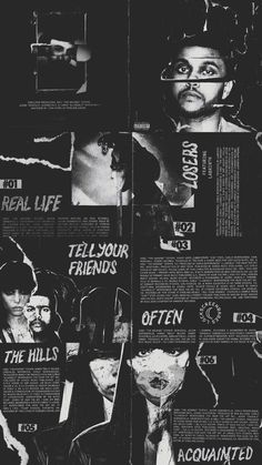 black and white poster with images of people in torn up paper, including the words tell your friends