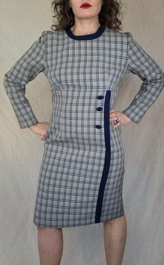 Adorable navy blue and white plaid dress by Willowridge. Zipper back. This piece is in excellect vintage condition without notable flaws or stains. Labeled a size 8. For more specific measurements or photos please message me, happy to provide. Model measures: Bust 35" Waist 28" Good 37" Height 5'3 Classic Fitted Plaid Dress, Formal Fitted Plaid Dress, White Plaid Dress, Saint Paul Mn, Saint Paul, Plaid Dress, White Plaid, Dress Clothes For Women, Favorite Outfit