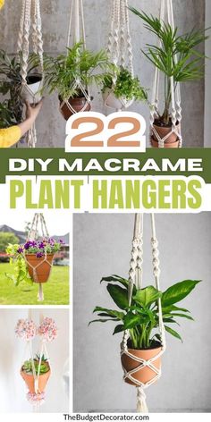 some plants are hanging from macrame plant hangers with the words 22 diy macrame plant hangers