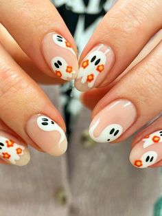 Ghost Halloween Themed Press on Nails Orange Floral Nails Fake Nails Acrylic Nails Summer Fall Press on Nails Halloween Nails - Etsy Fall Nails Inspiration Simple, Funny Nail Designs Weird, Simple Cute Nails Fall, Ghosts On Nails, Halloween Ghost Nail Art, Halloween Nails To Do At Home, Simple Ghost Nail Art, Short Tip Nail Designs, Cute Nail Designs Halloween