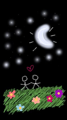 a drawing of two people in the grass under a night sky with stars and flowers