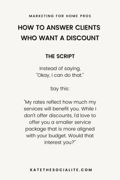 a white poster with the words how to answer client's who want a discount