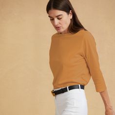 #color_copper organic cotton 3/4 Sleeve Boat Neck t-shirt Los Angeles Luxury, Cotton Jersey Fabric, Skin Color, Boat Neck, Jersey Fabric, Neck T Shirt, Sustainability, Organic Cotton, Long Sleeve Blouse