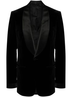 black cotton silk panelling front button fastening shawl lapels long sleeves fabric-covered buttons buttoned cuffs chest welt pocket two front jetted pockets internal pocket straight hem full lining Designer Long Sleeve Formal Blazer, Designer Long Sleeve Blazer For Formal Occasions, Luxury Blazer With Lapel Collar For Black-tie Events, Luxury Evening Blazer With Shawl Collar, Luxury Single Button Blazer, Luxury Black Tuxedo With Double Button Closure, Luxury Blazer With Suit Collar For Black-tie Events, Black Single Breasted Blazer With Shawl Collar, Black Single-breasted Blazer With Shawl Collar