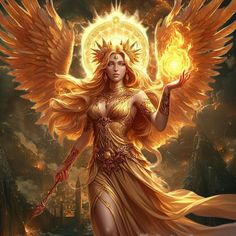 a woman with golden wings holding a ball in her right hand and surrounded by fire