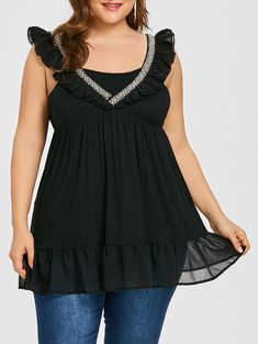 Rhinestone Embellished Plus Size Sleeveless Blouse - Black - 3R61377812 - Original Design-Women's Clothing  #OriginalDesignWomensClothing #Original #DesignWomen's #Clothing Blouse Size Chart, Plus Size Tips, Empire Waist Tops, Spandex Shirts, Chiffon Ruffle, Trendy Plus Size Clothing, Tunic Styles, Fashion Seasons, Plus Size Blouses