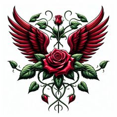 a red rose with wings and leaves on the side is shown in this tattoo design