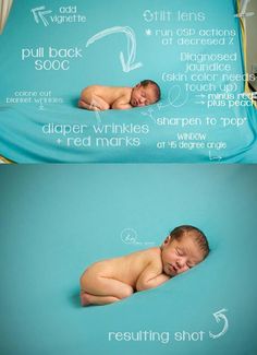 a baby is sleeping on a blue blanket with instructions for how to use the diaper