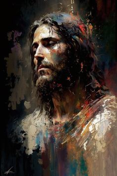 a painting of jesus with paint splattered on it's face and shoulders