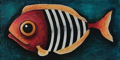 an acrylic painting of a fish with stripes on it's body and eyes