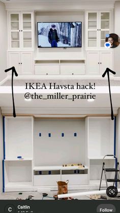 an ikea tv has been placed on the back of a white entertainment center with shelves and ladders