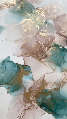 an abstract painting with blue, brown and white colors on the water's surface