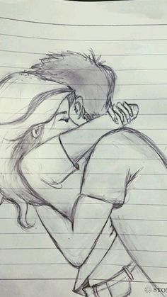 a pencil drawing of a man hugging a woman's head with her arm around him