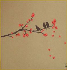 two birds sitting on a branch with red flowers in front of a beige background and yellow border