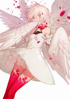 an anime character with white hair and pink wings holding a flower in her hand while posing for the camera