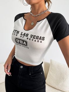 Black and White Casual Collar Short Sleeve Knitted Fabric Colorblock,Slogan  Embellished Slight Stretch  Women Tops, Blouses & Tee Casual Graphic Print Crop Top T-shirt, White Color Block Graphic Tee, White Color Block Graphic Tee Top, Sporty Letter Print Crop Top T-shirt, Sporty White Color Block T-shirt, Las Vegas Eats, Graphic Inspiration