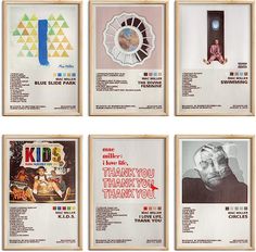 six framed posters with different types of pictures and words on them, all in wood frames