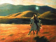 a painting of a man riding on the back of a white horse in a field