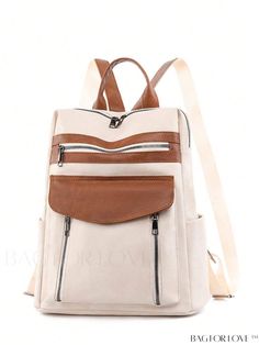 BagForLove - Stylish Vintage Laptop Backpack for Women - Ideal for School Large Capacity White Leather Shoulder Backpack, White Leather Backpack With Zipper Closure, Beige Leather Backpack With Zipper For Errands, Beige Leather Backpack For Errands, Trendy Beige Backpack For Errands, Weekend Travel, Adjustable Bag, Details Pictures, Classic Brown