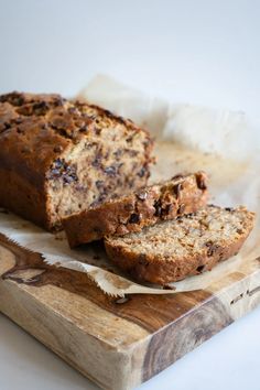 a loaf of banana bread sitting on top of a cutting board