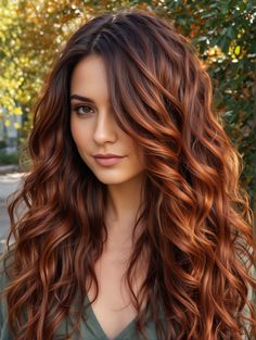 "Celebrate the season with these beautiful fall hair colors that add warmth and depth." Dark Copper Brunette Hair, Brown And Red Balayage Hair, Hair Color Ideas For Yellow Skin Tone, Brown Cinnamon Hair Color Highlights, Long Fall Hair Color Ideas, Bronze Ombre Hair, Light Brown To Copper Balayage, Copper Red Hair Color Balayage, Balayage Natural Hair