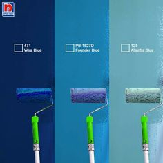 three different shades of blue and green paint with the same color brush in each one