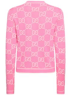 Front button closure. Ribbed collar, cuffs and hem. Pink and light pink GG cotton jacquard . Crewneck . Long sleeves . All over pattern placement may vary. Two front pockets. Model is wearing a sizeS Jacquard Cardigan, Versace Brand, All Over Pattern, Cotton Cardigan, Flat Espadrilles, Swim Accessories, Shearling Jacket, Knit Cotton, Long Sleeve Cardigan