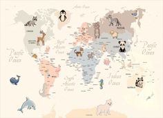 the world map with animals on it is shown in pastel colors and features an animal theme