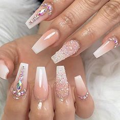 Sweet 16 Nails, Nail Coffin, Baby Boomers Nails, Nagel Tips, Studded Nails, Coffin Press On Nails, Diamond Nails, Stick On Nails, Bridal Nails