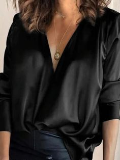 Elegant Solid Color V-Neck Long Sleeves Blouse Satijnen Blouses, Winter Blouses, Slim Blouse, Satin Bluse, Draped Blouse, Satin Long Sleeve, Satin Blouses, Chiffon Long Sleeve, Satin Blouse