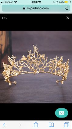 a gold tiara with flowers and leaves on the side, is shown in an instagram