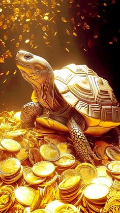 a turtle sitting on top of a pile of gold coins