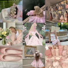 a collage of photos with pink shoes and princesses on them, including flowers