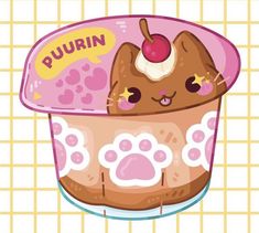 a cartoon cat in a cup with a cherry on it's head and the words purin above it