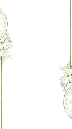 two gold poles with white flowers and greenery on them, against a white background