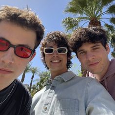 three young men wearing sunglasses are posing for the camera with palm trees in the background