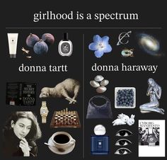 there are many different things that can be seen in this poster, including the words girlhood is a spectrum and donna tart