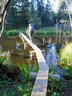 a person walking across a wooden bridge over water