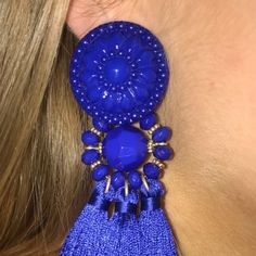 A Pair Of Bright Cobalt -Blue Statement Earrings Featuring A Decorative Disc, Beaded Center, Triple Tassel Drop, And Post. Back Closures These Are New And In Original Packaging They Have Never Been Worn Or Tried On Adjustable Blue Tassel Earrings For Parties, Blue Fringe Tassel Earrings For Party, Elegant Blue Fringe Jewelry, Handmade Blue Tassel Earrings For Party, Elegant Blue Tassel Earrings, Blue Fringe Beaded Earrings For Party, Blue Fringe Earrings For Party, Elegant Blue Fringe Earrings, Club Earrings