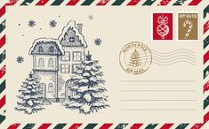 a christmas postcard with a drawing of a house