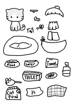 some doodled items are shown in black and white, with the words hello kitty on them