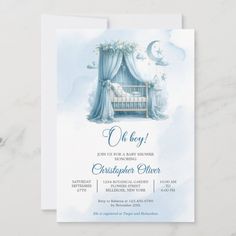 a baby's birth announcement card with a crib and moon in the sky