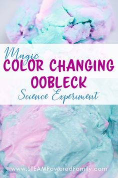 the words, magic color changing oobleck science experiment on top of a white plate