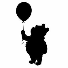 a black and white silhouette of a teddy bear holding a balloon in its hand,