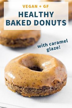 vegan gf healthy baked doughnuts with caramel glaze on top