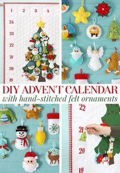 hand - stitched felt ornaments are hanging on the wall and in front of a christmas tree