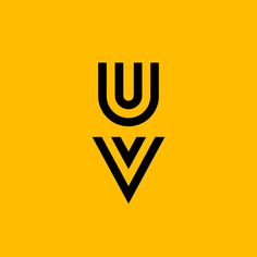 the letter u is made up of two black letters on a yellow background with an arrow