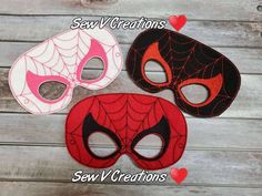 three masks with the words sew creations on them