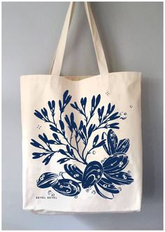 Sea Bouquet - cotton canvas tote bag - made in USA Blue Canvas Tote Bag, Dark Blue Screen, Ocean Bouquet, Tote Bag Illustration, Ocean Tote Bag, Diy Screen Printing, Canvas Bag Design, Duck Bag, Retail Bags